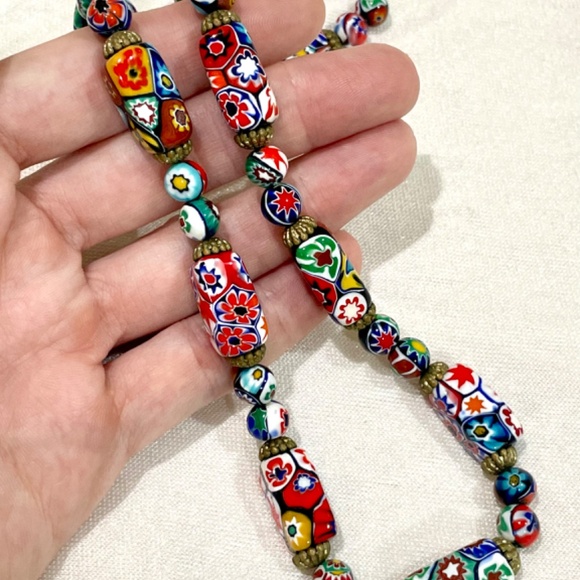 RARE Vintage Murano Millefiori Moretti Venetian Rectangle Glass Bead Necklace - Picture 10 of 11
